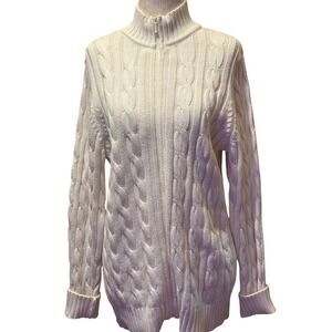 Women's Small DENIM & CO Cream Cable Knit Full Zip Mock Neck Sweater
